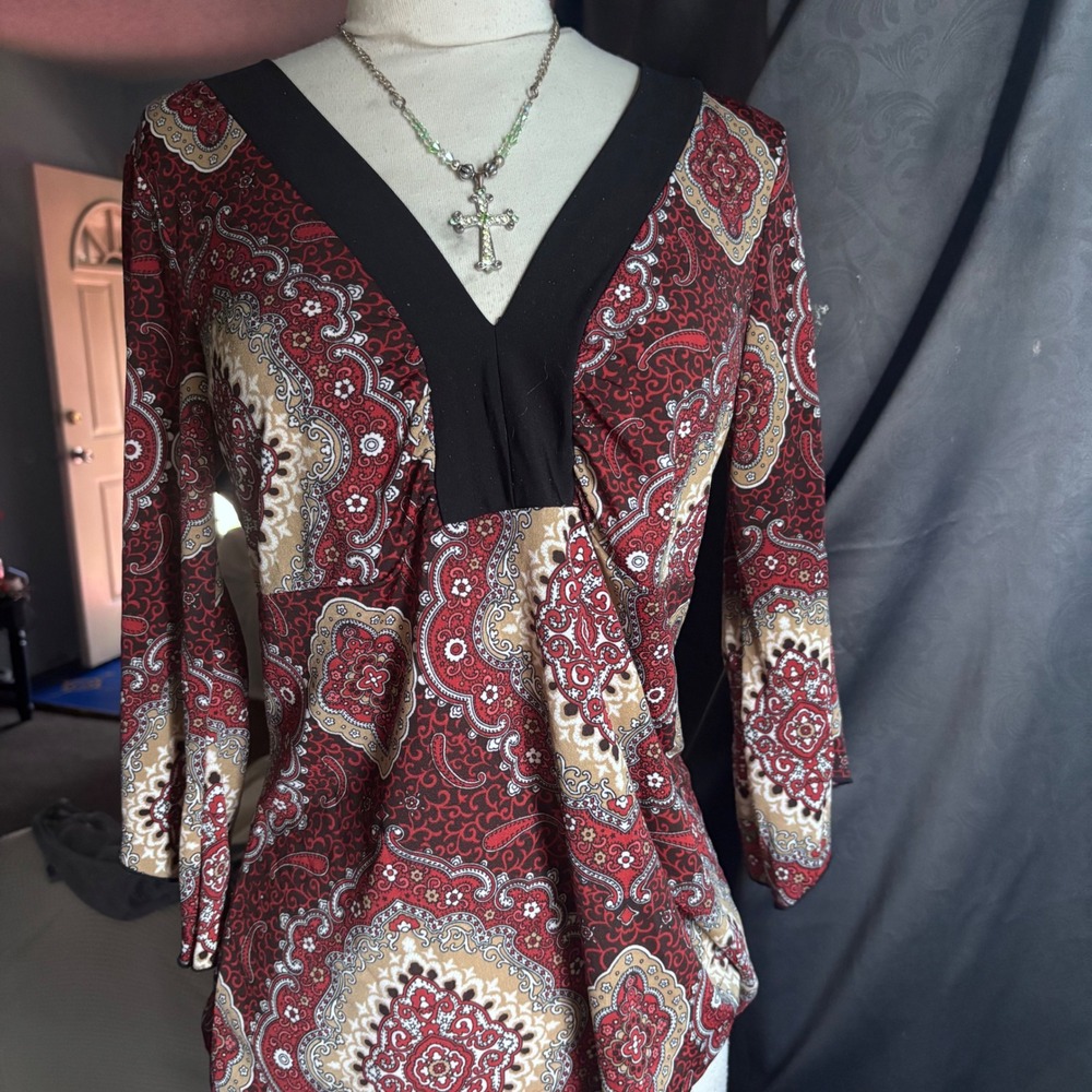 Agenda Womens Red Paisley V-Neck 3/4 Sleeve Boho Tunic Top Stretch Jersey